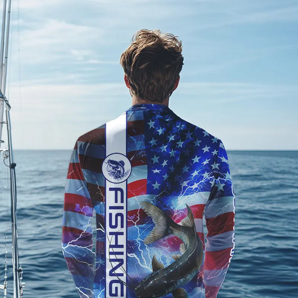 American flag Catfish lightning Long Sleeve Fishing Shirts custom Patriotic Catfish fishing jerseys NQS9560