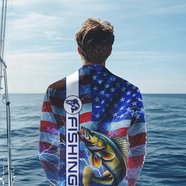 American Flag Walleye lightning Long Sleeve Fishing Shirts custom Patriotic Walleye fishing jerseys NQS9561