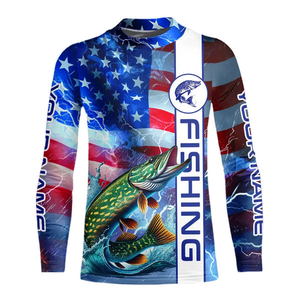 American Flag Northern Pike lightning Long Sleeve Fishing Shirts custom Patriotic Pike fishing jerseys NQS9562
