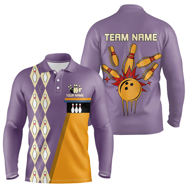 Blue & Purple Retro Bowling Polo, Quarter Zip shirt for Men Custom vintage team bowling jersey NQS9720