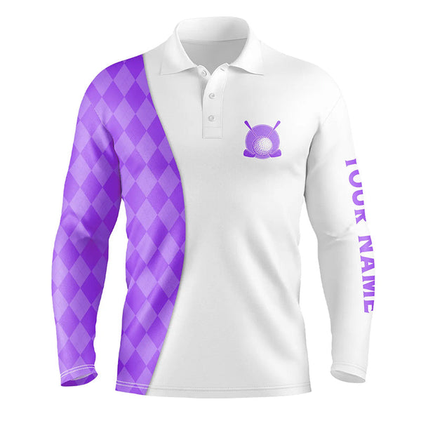 White Mens golf polo shirts custom purple argyle plaid pattern golf tops, best mens golf wear NQS7645