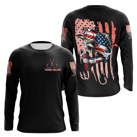 Bass Fishing American Flag patriotic Custom name long sleeves fishing shirt NQS2233