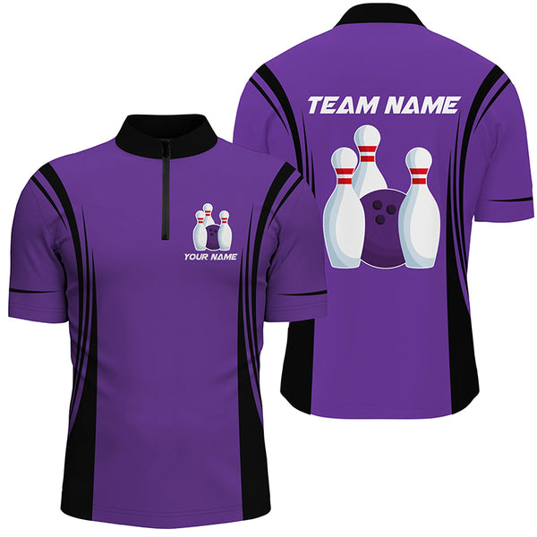 Retro Bowling Polo, Quarter Zip shirts for Men custom Team Bowling Jersey, Gift For Bowlers | Purple NQS8744