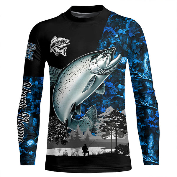 Chinook Salmon( King Salmon) Fishing blue camo Customize name UV protection performance fishing shirts NQS1987