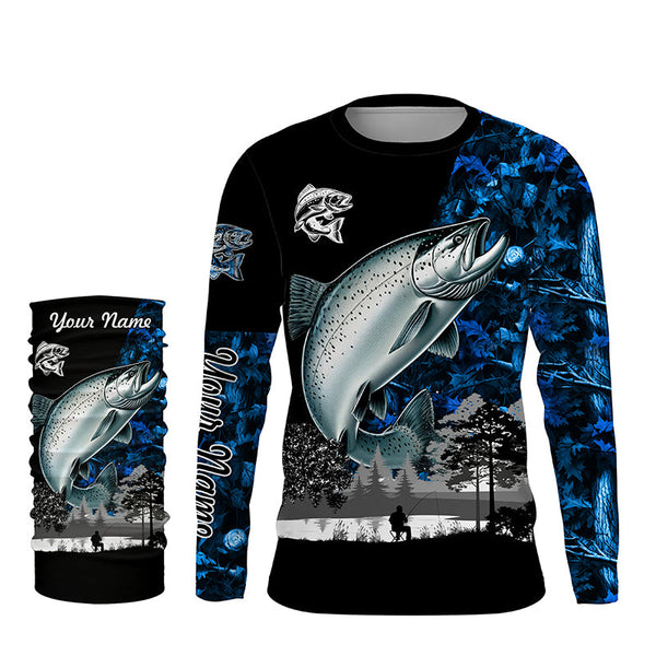 Chinook Salmon( King Salmon) Fishing blue camo Customize name UV protection performance fishing shirts NQS1987