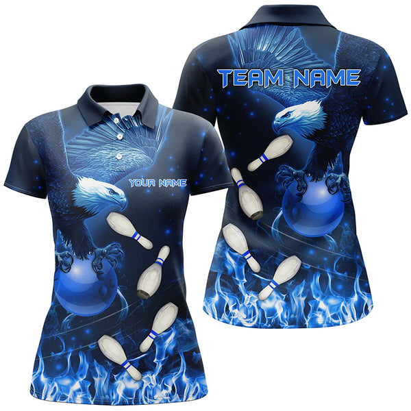 Blue Flame Eagle Bowling Polo, Quarter zip shirts For Women Custom Blue Fire Team Bowling Jerseys NQS8988