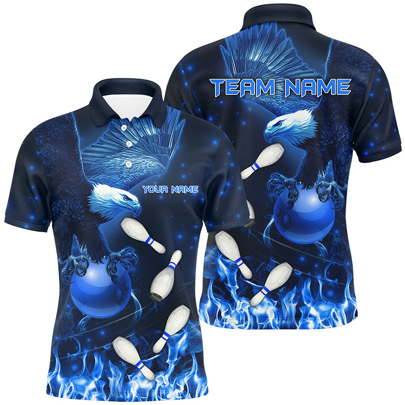 Blue Flame Eagle Bowling Polo, Quarter zip shirts For Men Custom Blue Fire Team Bowling Jerseys NQS8988