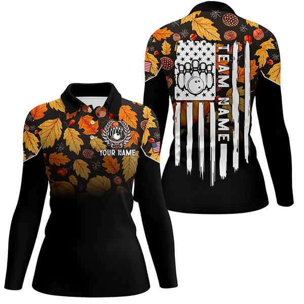 Womens bowling shirt Custom Autumn leaf camo Thanksgiving American flag patriotic bowling team jerseys NQS8755