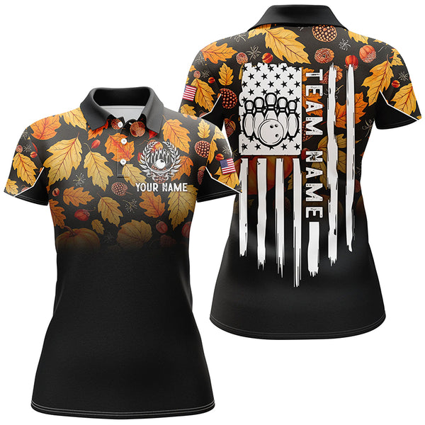 Womens bowling shirt Custom Autumn leaf camo Thanksgiving American flag patriotic bowling team jerseys NQS8755