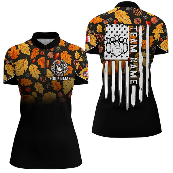 Womens bowling shirt Custom Autumn leaf camo Thanksgiving American flag patriotic bowling team jerseys NQS8755