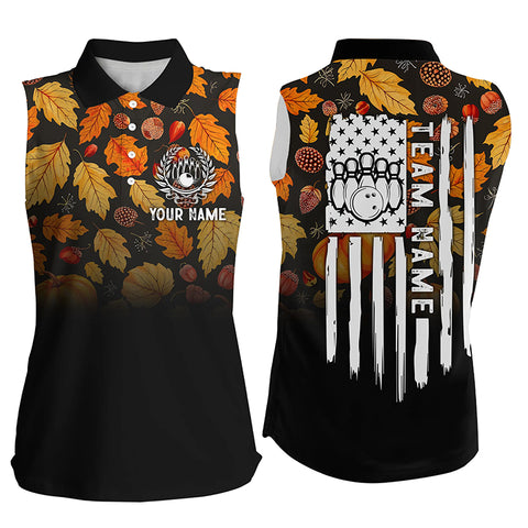 Women Sleeveless Polo Custom Autumn leaf camo Thanksgiving American flag patriotic bowling team jersey NQS8755