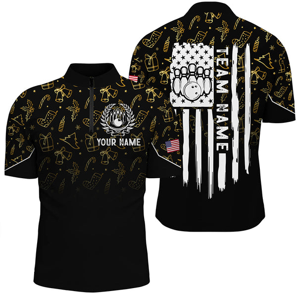 Mens bowling shirt Custom Gold Christmas pattern American flag patriotic bowling team jerseys NQS8756