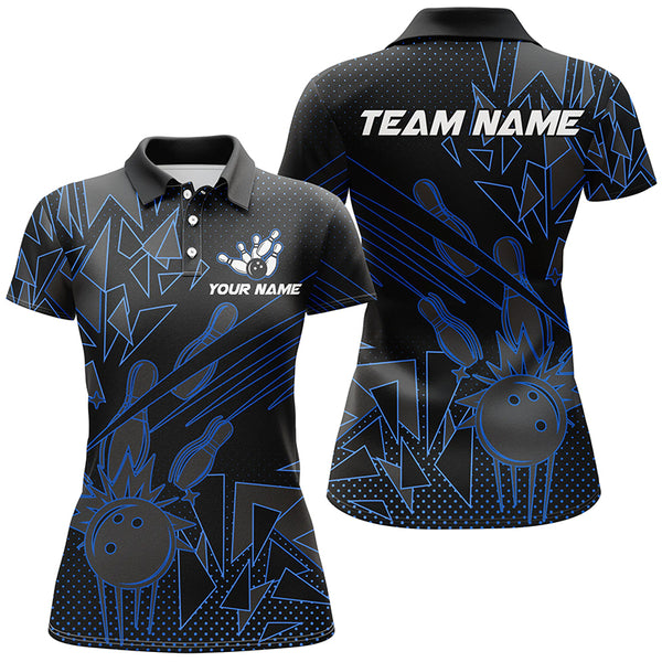 Black and Blue Bowling Polo, Quarter Zip shirts for Women custom Team Bowling Jerseys, Bowlers Outfit NQS8762