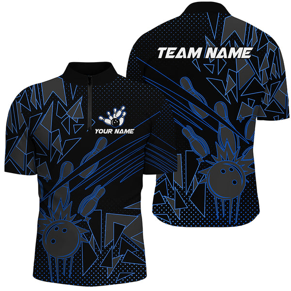 Black and Blue Bowling Polo, Quarter Zip shirts for Men custom Team Bowling Jerseys, Bowlers Outfit NQS8762