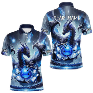 Personalized Blue Lights Dragon Mens Bowling Polo, Quarter Zip Shirt Custom Team Bowling League Jersey NQS9234