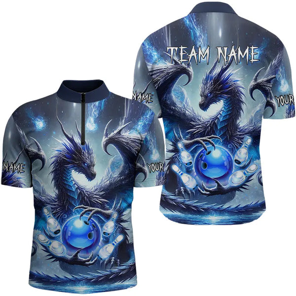 Personalized Blue Lights Dragon Mens Bowling Polo, Quarter Zip Shirt Custom Team Bowling League Jersey NQS9234