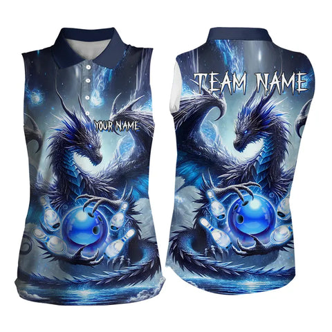 Personalized Blue Lights Dragon Women Bowling Sleeveless Polo Shirts Custom Team Bowling League Jersey NQS9234