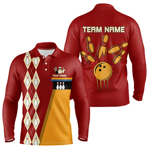 Red & Yellow Retro Bowling Polo, Quarter Zip shirt for Men Custom vintage team bowling jersey NQS9579