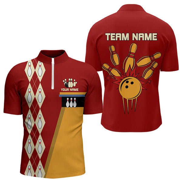 Red & Yellow Retro Bowling Polo, Quarter Zip shirt for Men Custom vintage team bowling jersey NQS9579