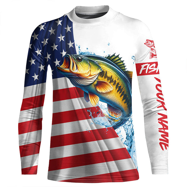 American flag patriotic largemouth bass fishing Custom Name 3D UV Protection long sleeve Fishing Shirt NQS5304