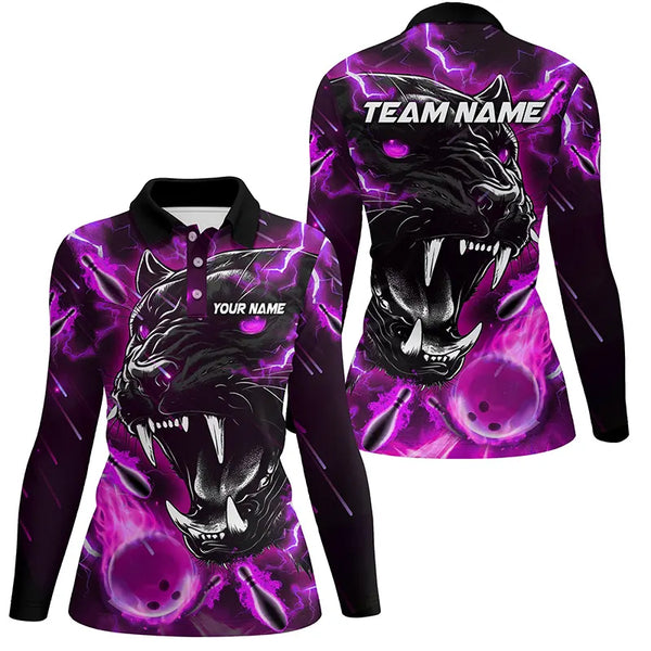 Purple Flame Panther Bowling Polo, Quarter Zip Shirts For Women Custom Bowling Team League Jerseys NQS8773