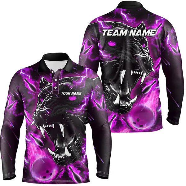 Purple Flame Panther Bowling Polo, Quarter Zip Shirts For Men Custom Bowling Team League Jerseys NQS8773