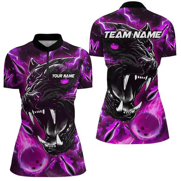 Purple Flame Panther Bowling Polo, Quarter Zip Shirts For Women Custom Bowling Team League Jerseys NQS8773