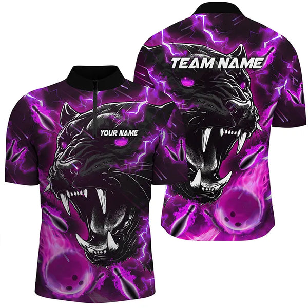 Purple Flame Panther Bowling Polo, Quarter Zip Shirts For Men Custom Bowling Team League Jerseys NQS8773