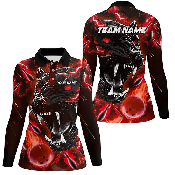 Red Flame Panther Bowling Polo, Quarter Zip Shirts For Women Custom Bowling Team League Jerseys NQS8774