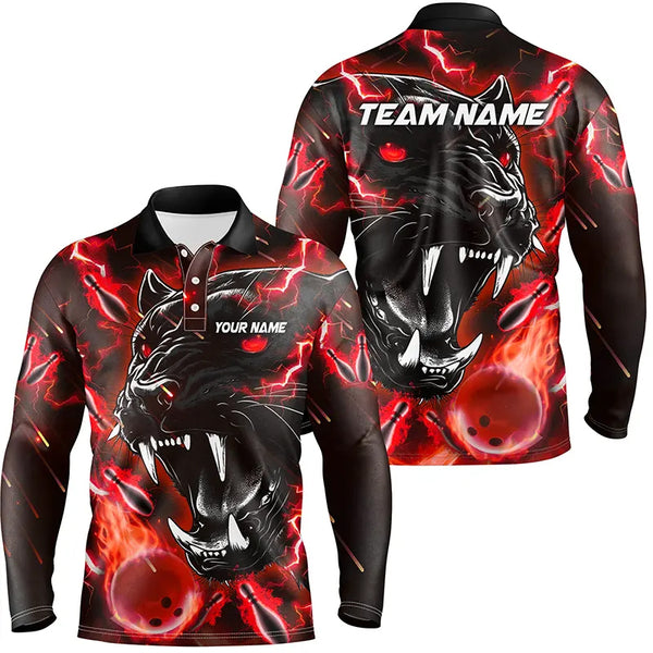 Red Flame Panther Bowling Polo, Quarter Zip Shirts For Men Custom Bowling Team League Jerseys NQS8774