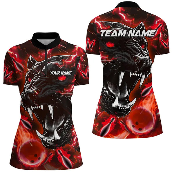 Red Flame Panther Bowling Polo, Quarter Zip Shirts For Women Custom Bowling Team League Jerseys NQS8774