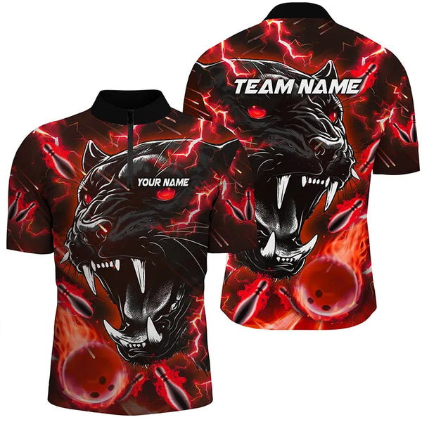 Red Flame Panther Bowling Polo, Quarter Zip Shirts For Men Custom Bowling Team League Jerseys NQS8774