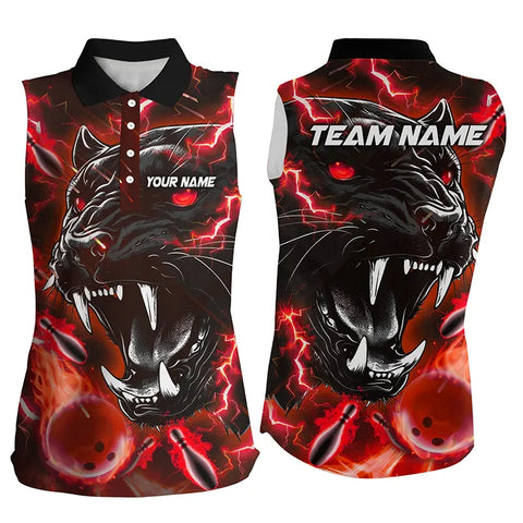 Red Flame Panther Bowling sleeveless polo Shirts For Women Custom Bowling Team League Jerseys NQS8774