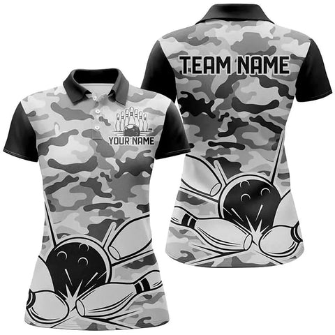 Black Camo Bowling Polo, 1/4 Zip Shirts For Women Custom Bowling Team League Jerseys, Gift For Bowlers NQS8775