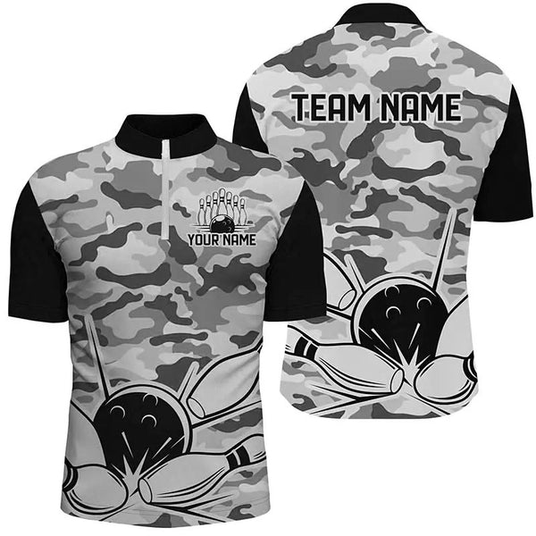 Black Camo Bowling Polo, 1/4 Zip Shirts For Men Custom Bowling Team League Jerseys, Gift For Bowlers NQS8775