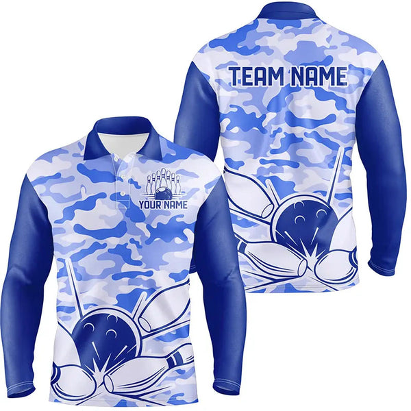 Blue Camo Bowling Polo, 1/4 Zip Shirts For Men Custom Bowling Team League Jerseys, Gift For Bowlers NQS8776