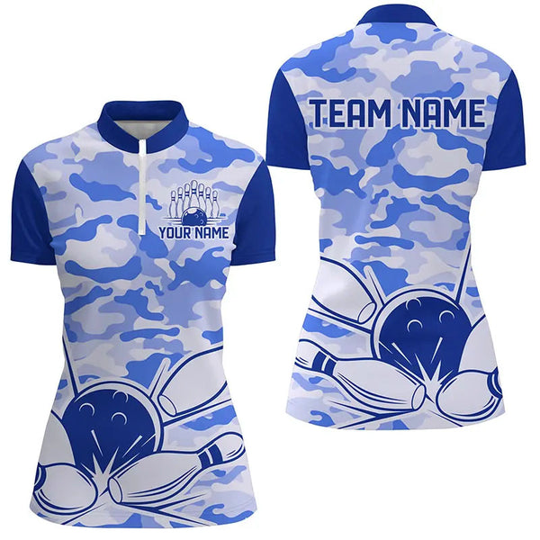 Blue Camo Bowling Polo, 1/4 Zip Shirts For Women Custom Bowling Team League Jerseys, Gift For Bowlers NQS8776