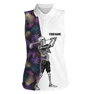 Skull women sleeveless golf polo shirt colorful tropical leaves pattern Skull playing golf NQS4774