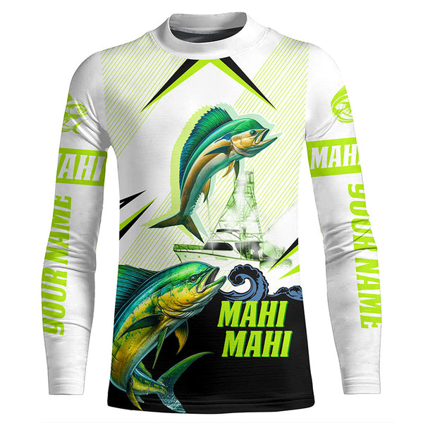 Mahi mahi Dorado fishing green camo Customize name long sleeves fishing shirts NQS1860