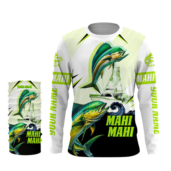 Mahi mahi Dorado fishing green camo Customize name long sleeves fishing shirts NQS1860