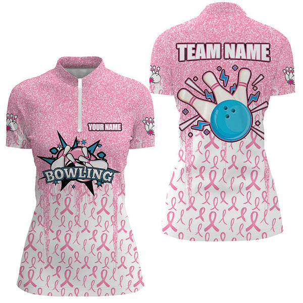 Pink glitter ribbon Women Bowing Polo, 1/4 Zip Shirts Custom Breast Cancer Awareness bowling jerseys NQS8103