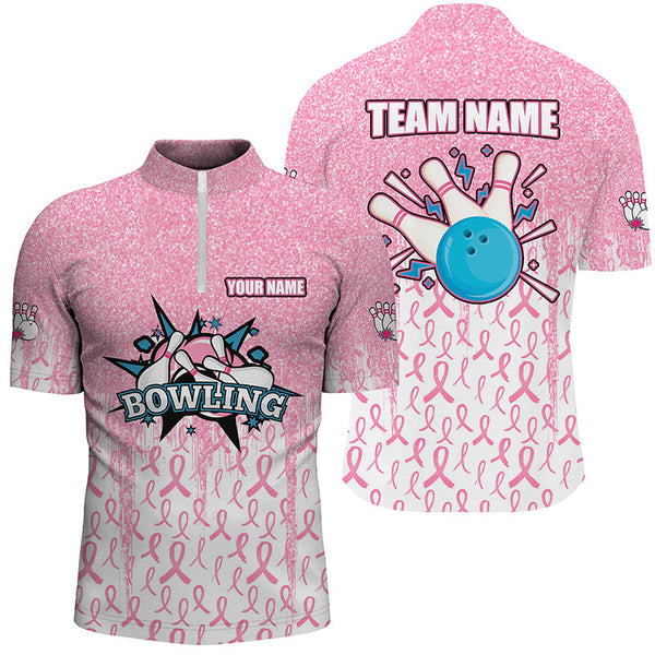 Pink glitter ribbon Men Bowing Polo, 1/4 Zip Shirts Custom Breast Cancer Awareness bowling jerseys NQS8103