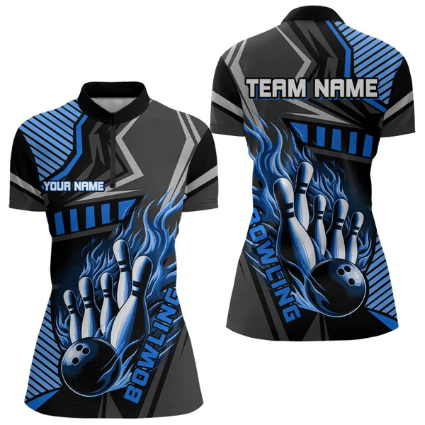 Black and Blue Bowling ball pins Polo, Quarter Zip shirt for women Custom Bowling Team League Jerseys NQS9255