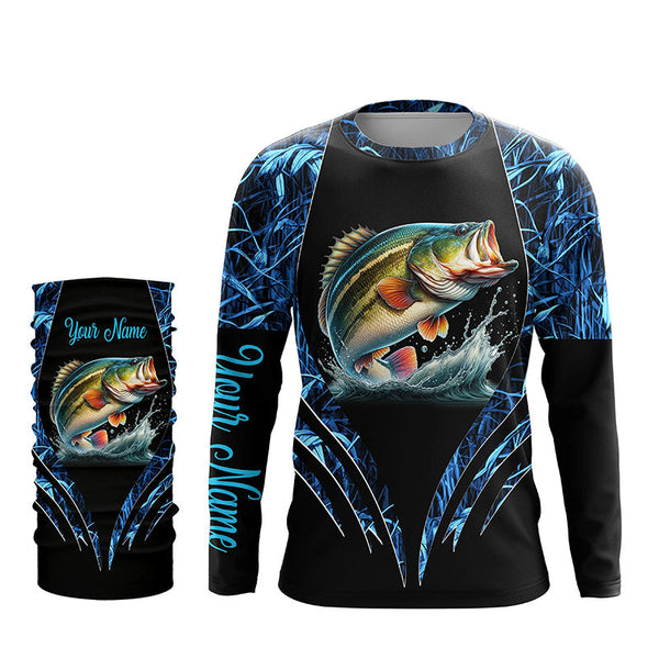 Largemouth bass fishing blue camo custom 3D All Over Printed Fishing Shirts, Bass fishing apparel NQS7898