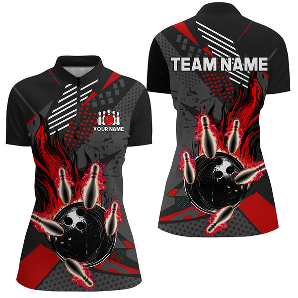 Black and red Women bowling shirts Custom flame Bowling Team League Jerseys, ladies bowling outfits NQS8549