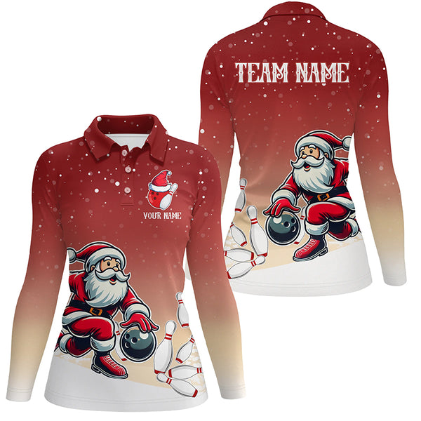 Christmas Santa Bowling Polo, Quarter Zip Shirts For Women Custom Christmas Bowling Team Jerseys | Red NQS8787