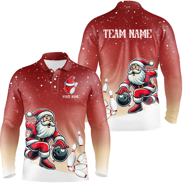 Christmas Santa Bowling Polo, Quarter Zip Shirts For Men Custom Christmas Bowling Team Jerseys | Red NQS8787