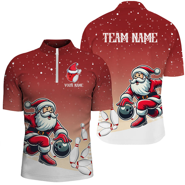 Christmas Santa Bowling Polo, Quarter Zip Shirts For Men Custom Christmas Bowling Team Jerseys | Red NQS8787