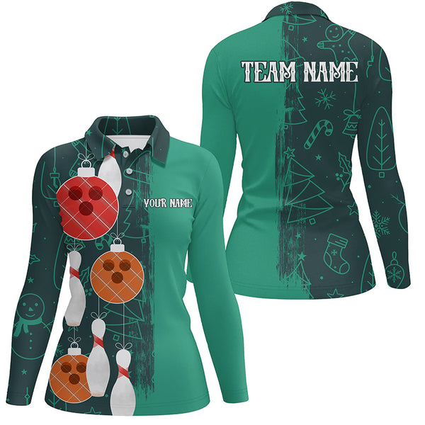 Green Christmas pattern Bowling ball pins Custom Bowling Shirts For Women Team League Jerseys Outfits NQS8790