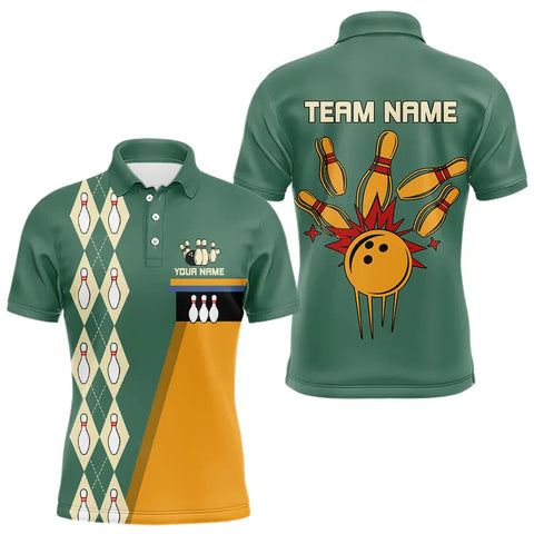 Mint Green and Yellow Retro Bowling Polo, Quarter Zip shirt for men Custom vintage team bowling jersey NQS9262